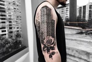 Rose growing from concrete with a 6 floor building in the background with 1570 address tattoo idea