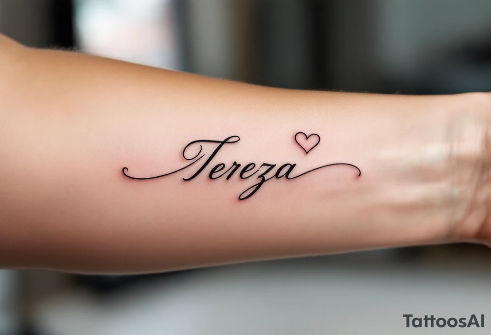 A delicate, outline heart with a flowing ribbon, containing the name "Tereza" in elegant cursive, with soft pastel pink and gold accents. tattoo idea