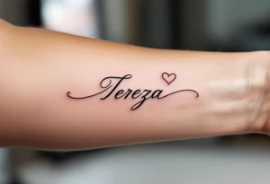 A delicate, outline heart with a flowing ribbon, containing the name "Tereza" in elegant cursive, with soft pastel pink and gold accents. tattoo idea