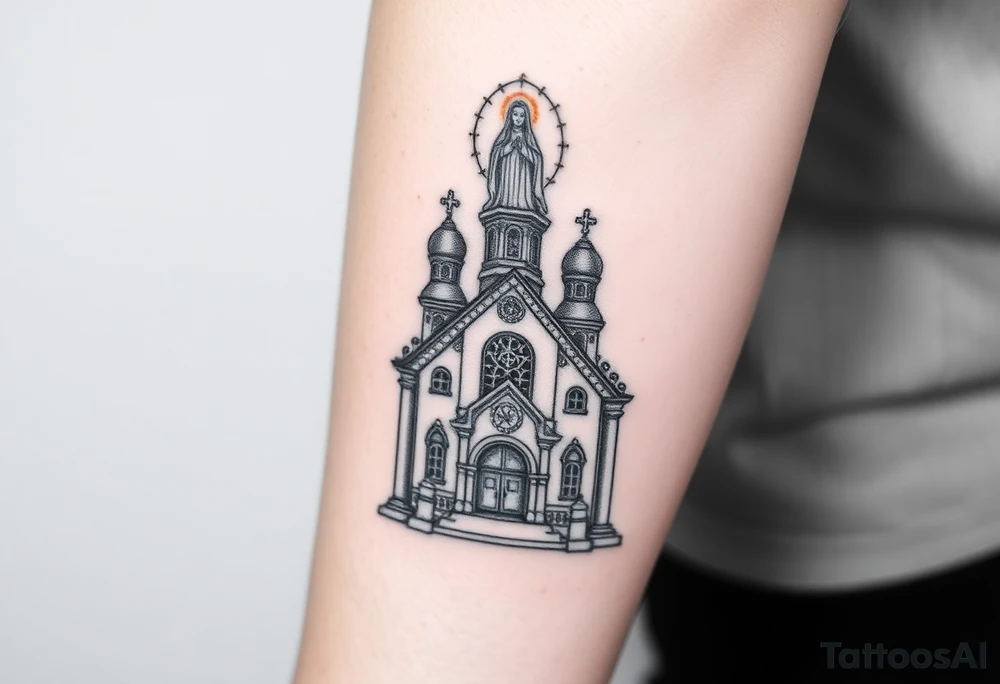 in a dorsal view a detailed orthodox church with a band at the front shrouded with a mist above and fading into a virgin mary overlooking above at the top tattoo idea