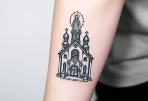in a dorsal view a detailed orthodox church with a band at the front shrouded with a mist above and fading into a virgin mary overlooking above at the top tattoo idea