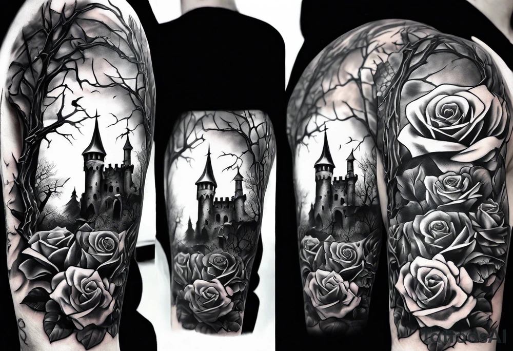 tattoo fool sleeve, destroyed dark gothic castle, tree roots break out of the chains, broken mask, roses tattoo idea