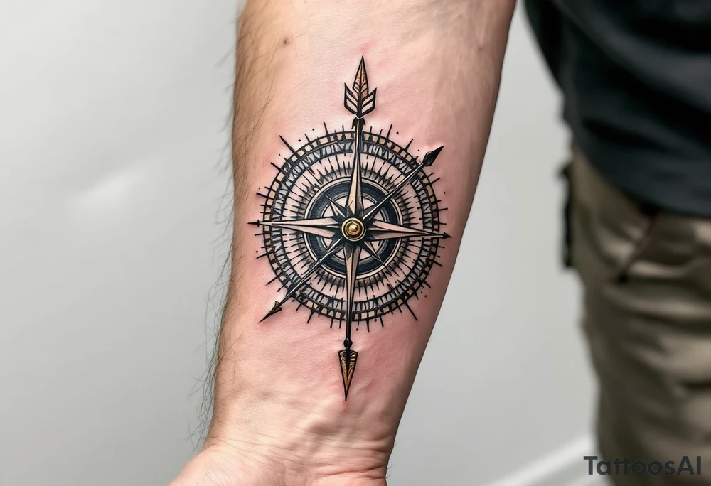 rustic compass/clock with a full length native american arrow pointing at my wrist going thru it and say "True North" tattoo idea