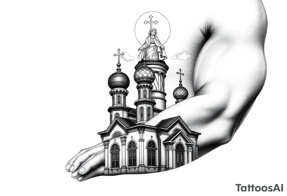 Russian Orthodox church with orthodox spire crosses, with clouds above it and a virgin mary over looking sat above tattoo idea