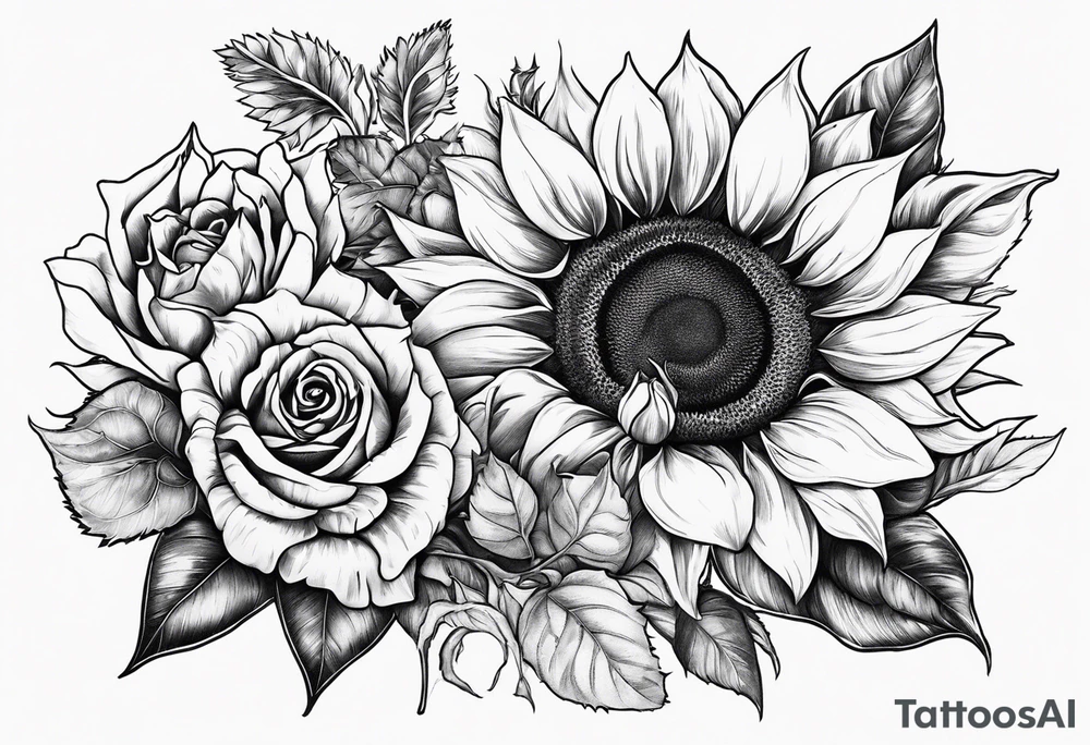 Sunflower and roses with the name Arianna in red scrip letters and “you are my sunshine” tattoo idea