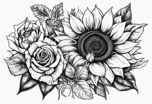 Sunflower and roses with the name Arianna in red scrip letters and “you are my sunshine” tattoo idea