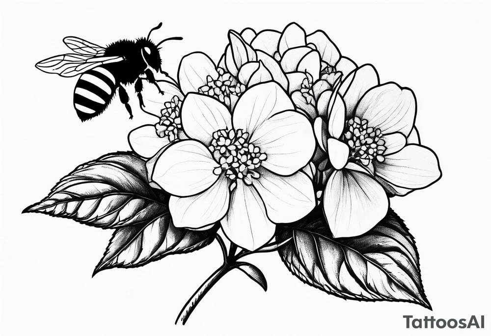 3 in by 2 in minimalist no color tattoo for forearm of a Hydrangea and a very small bee. tattoo idea