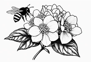 3 in by 2 in minimalist no color tattoo for forearm of a Hydrangea and a very small bee. tattoo idea