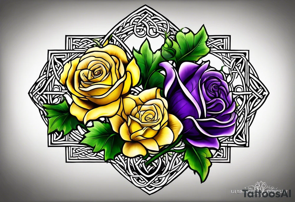 Purple thistle, yellow rose and shamrock with stems intertwined spelling KND in celtic lettering tattoo idea