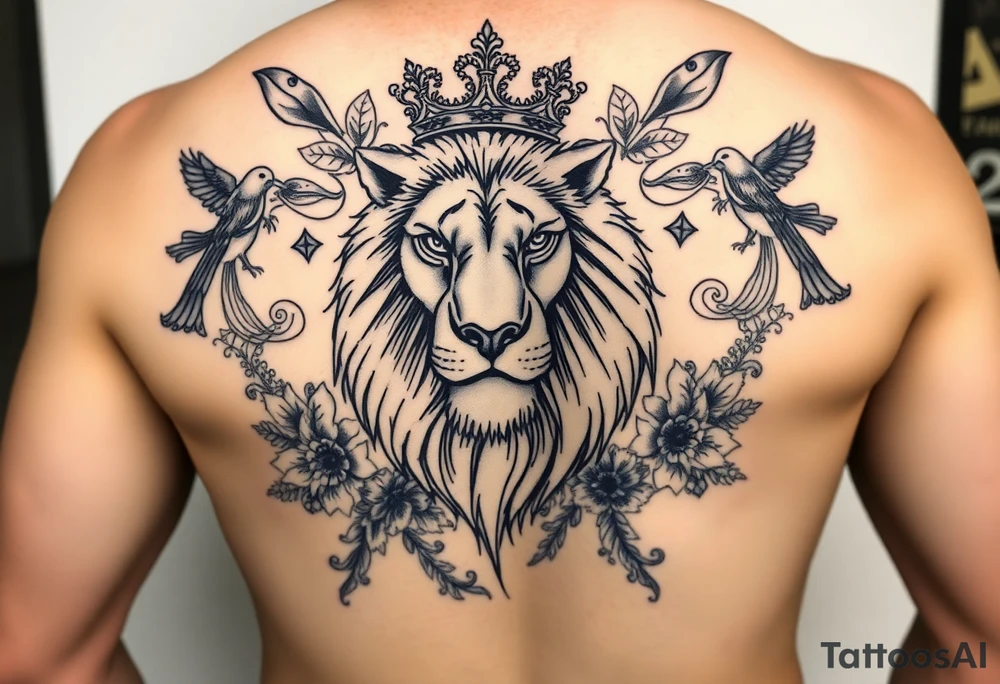 powerful majestic lion with a crown, surrounded by floral ornaments and birds tattoo idea
