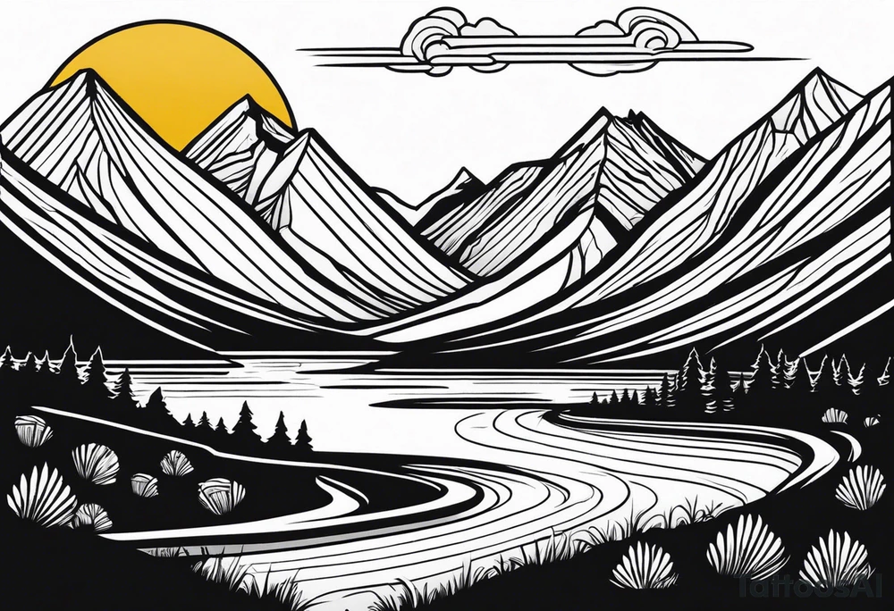 mountains, road, lake, yurt, sun, kyrgyzstan tattoo idea