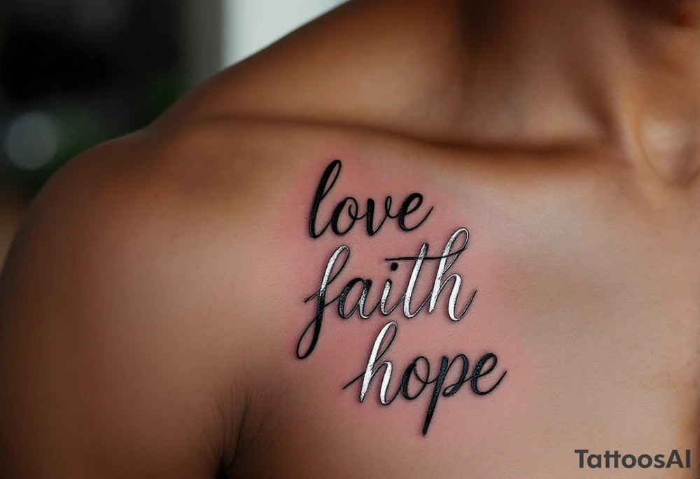 Tattoo in white ink on dark skin, featuring delicate serif lettering and a silver-lined halo above the word "love faith hope. tattoo idea