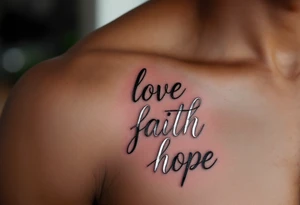 Tattoo in white ink on dark skin, featuring delicate serif lettering and a silver-lined halo above the word "love faith hope. tattoo idea
