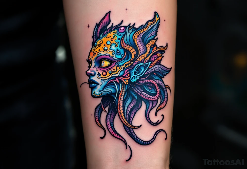 A half-human, half-aquatic being, with gills and bioluminescent skin, symbolizing Aquarius' adaptability and unconventional spirit. tattoo idea