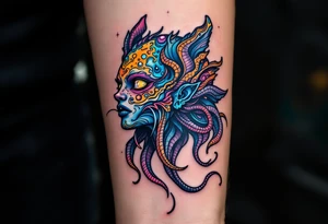 A half-human, half-aquatic being, with gills and bioluminescent skin, symbolizing Aquarius' adaptability and unconventional spirit. tattoo idea