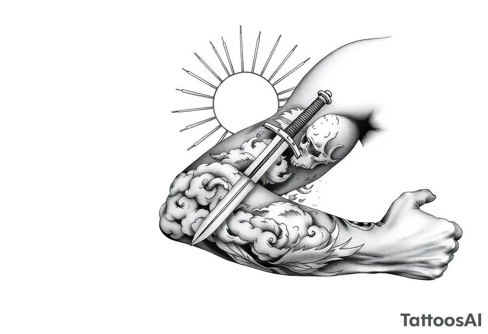 Half sleeve. sun rays, clouds, sword tattoo idea