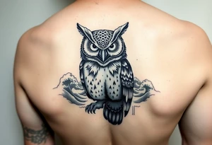Masked owl overlooking a trench with waves in the background tattoo idea