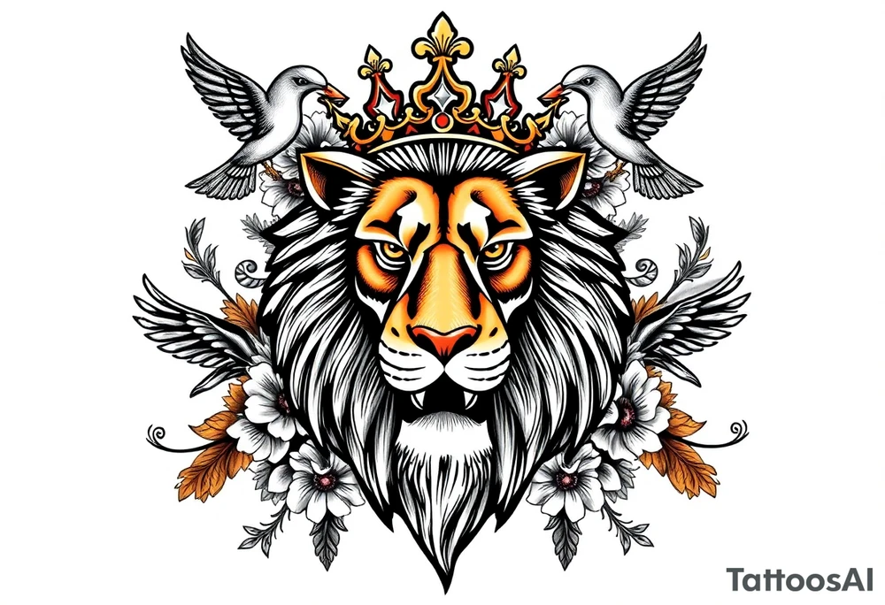 powerful majestic lion with a crown, surrounded by floral ornaments and birds tattoo idea