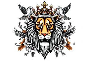 powerful majestic lion with a crown, surrounded by floral ornaments and birds tattoo idea