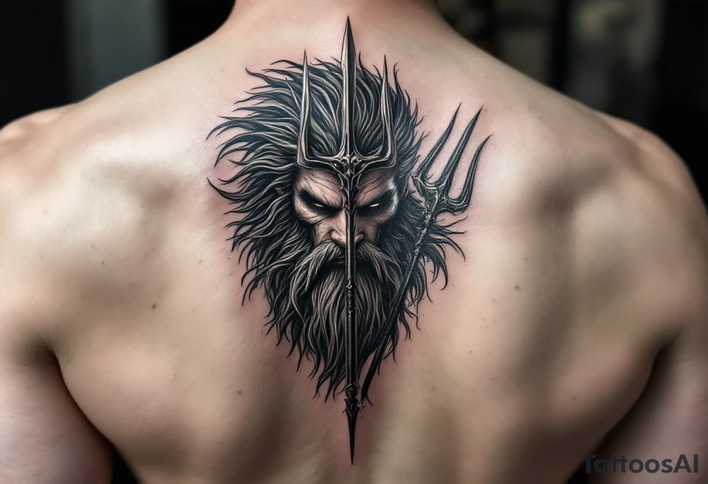 close-up gentle poseidon behind a trident tattoo idea