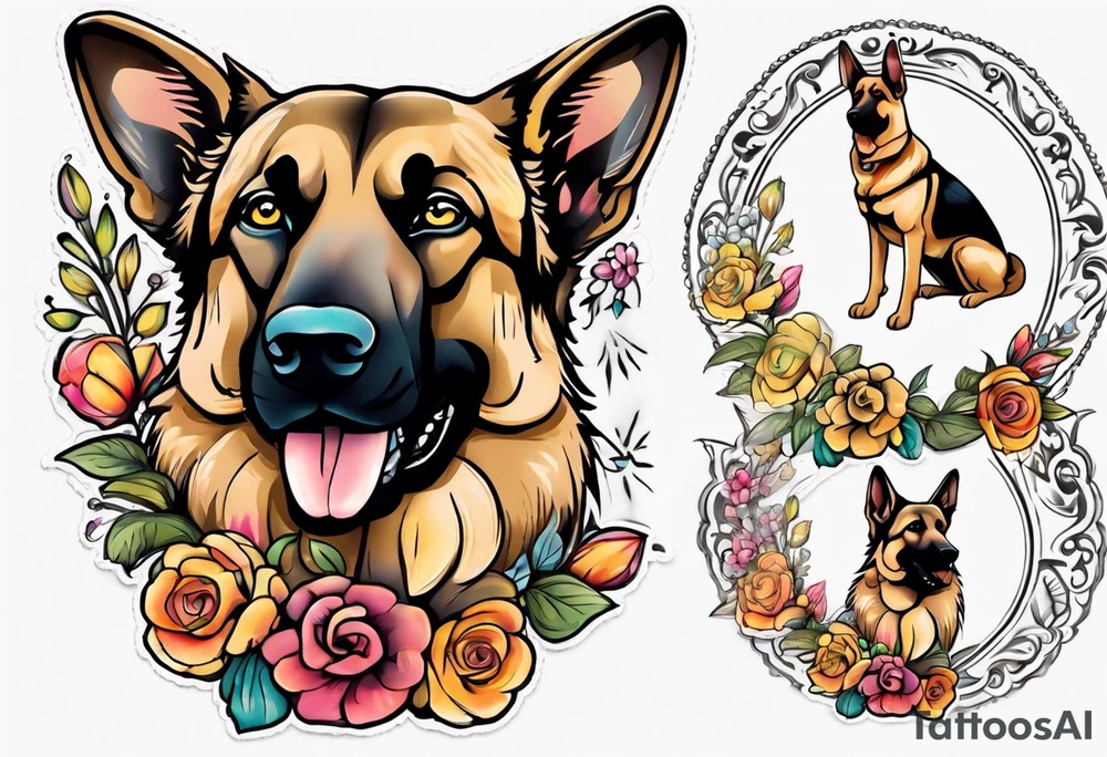 Sable coat German shepherd portrait brightly colored with flowers tattoo idea
