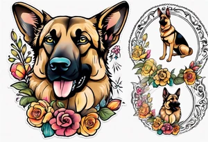 Sable coat German shepherd portrait brightly colored with flowers tattoo idea