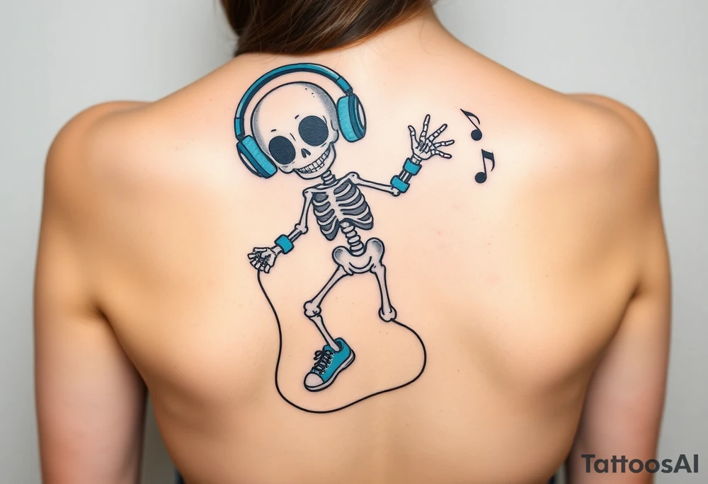 Cute smiling skeleton jumping on a jump rope with blue headphone and blue tennis shoes and blue armbands with nice  music notes tattoo idea
