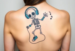Cute smiling skeleton jumping on a jump rope with blue headphone and blue tennis shoes and blue armbands with nice  music notes tattoo idea