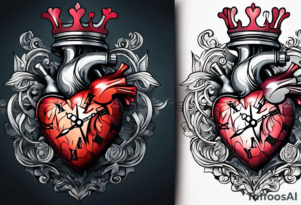 anatomical heart with clock in middle.
Clock hands on 8 and 5.
Never Say Never written on tattoo tattoo idea