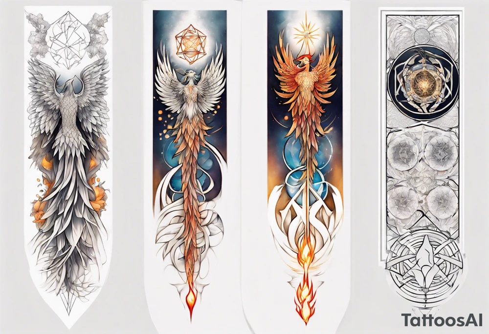 Sleeve for woman's arm phoenix sacred geometry with Metatron's cube tattoo idea