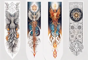 Sleeve for woman's arm phoenix sacred geometry with Metatron's cube tattoo idea