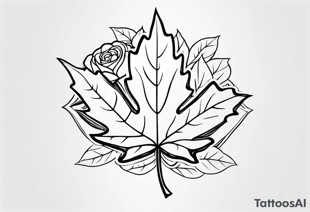 a maple leaf and Tudor rose in the forefront with a vertical rectangle on the left side in the background tattoo idea