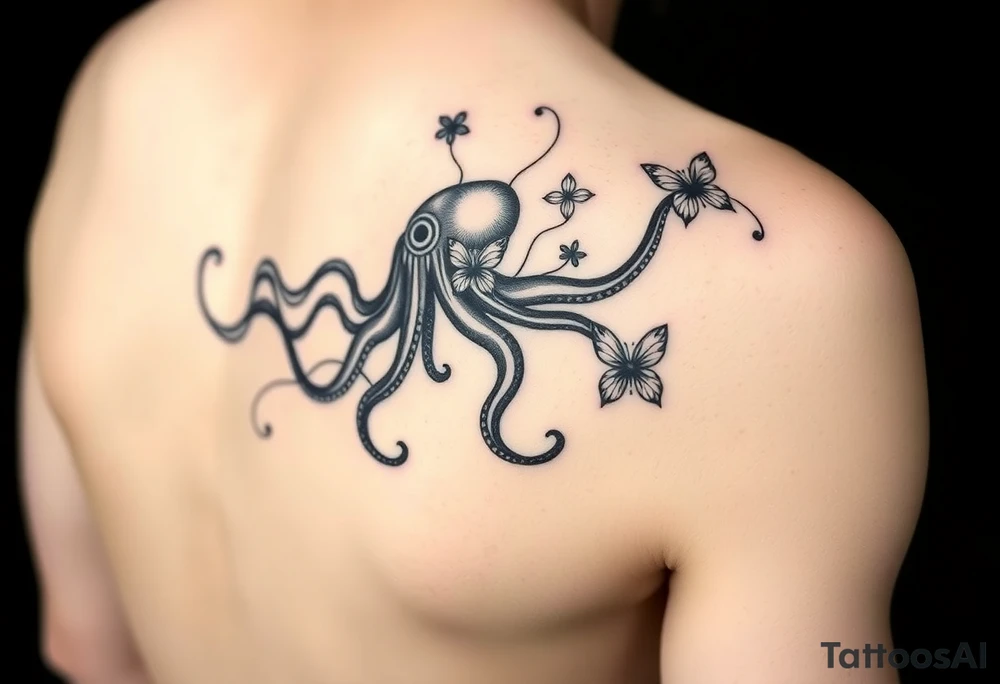 abstract tattoo design, flowing black fine lines, elegant minimalistic linework, psychedelic swirls like gasoline or oil floating on water, iridescent texture implied but in pure black ink, delicate organic curves, vapor-like trails, non-literal and surreal, suggestion of an octopus hidden in fluid tentacle-like lines, not a real octopus, just subtle illusion, abstract marine motion, with minimalist butterflies and flowers seamlessly integrated into the flowing pattern, modern feminine tattoo style, graceful and airy, inspired by Pis Saro and Balazs Bercsenyi, hint of nature and ocean depth, hypnotic and dreamlike, ink diffusion aesthetics, no solid fills, ethereal line-only design tattoo idea