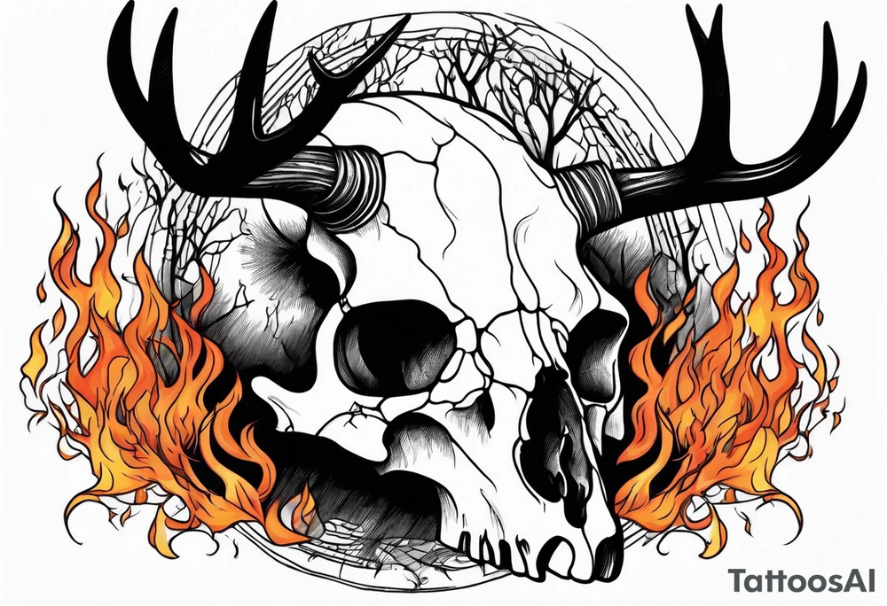 Scary side profile of a DECAYING deer skull JUST BONE surrounded by a flames and trees tattoo idea