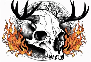 Scary side profile of a DECAYING deer skull JUST BONE surrounded by a flames and trees tattoo idea
