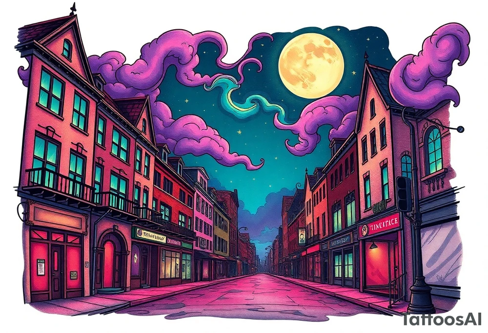 Tim Burton’s time square from outside view is the street abandoned and dripping with muted reds, dusty pinks, and eerie green glow purple and cyan smokey clouds swirl and dance in the moonlit night sky filled with twinkling stars  tattoo idea tattoo idea