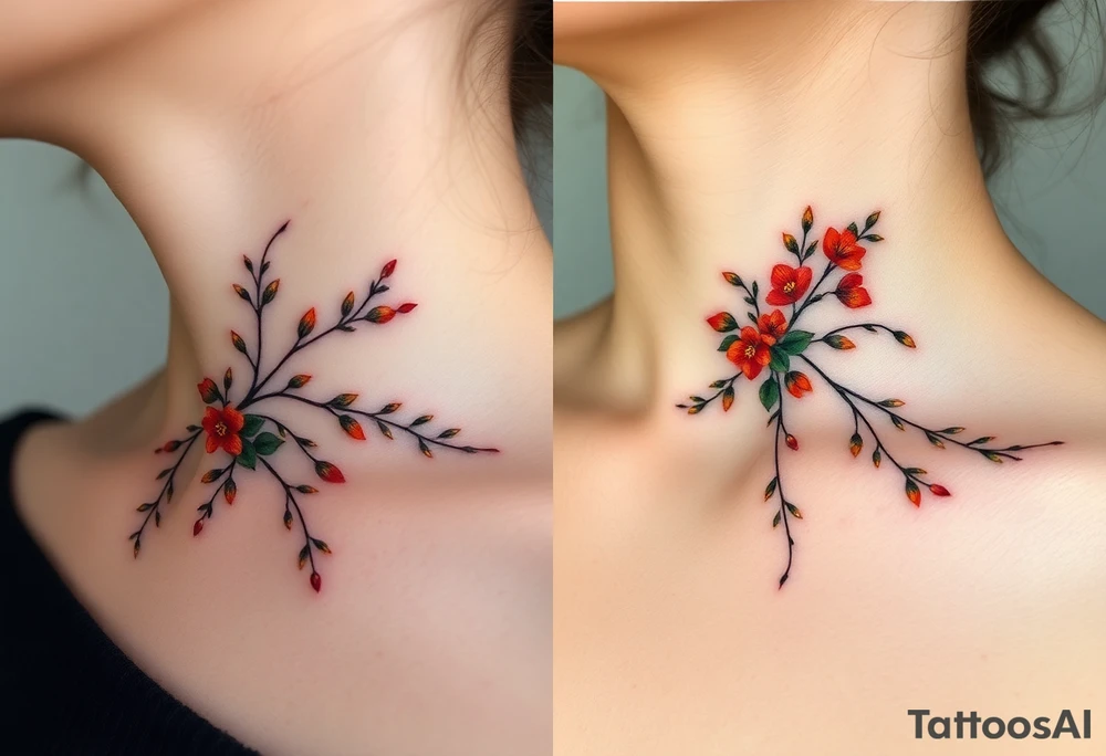 Two separate collarbone tattoos of long, stems and branches covered with red, orange, yellow and dark forest green leaves and flowers, academia, witchy, muted, delicate and gentle but moody, long and thin, following the collarbone. More muted, not so bright, darker colors. Fewer amount of leaves, larger leaves. Less flowers and leaves. tattoo idea