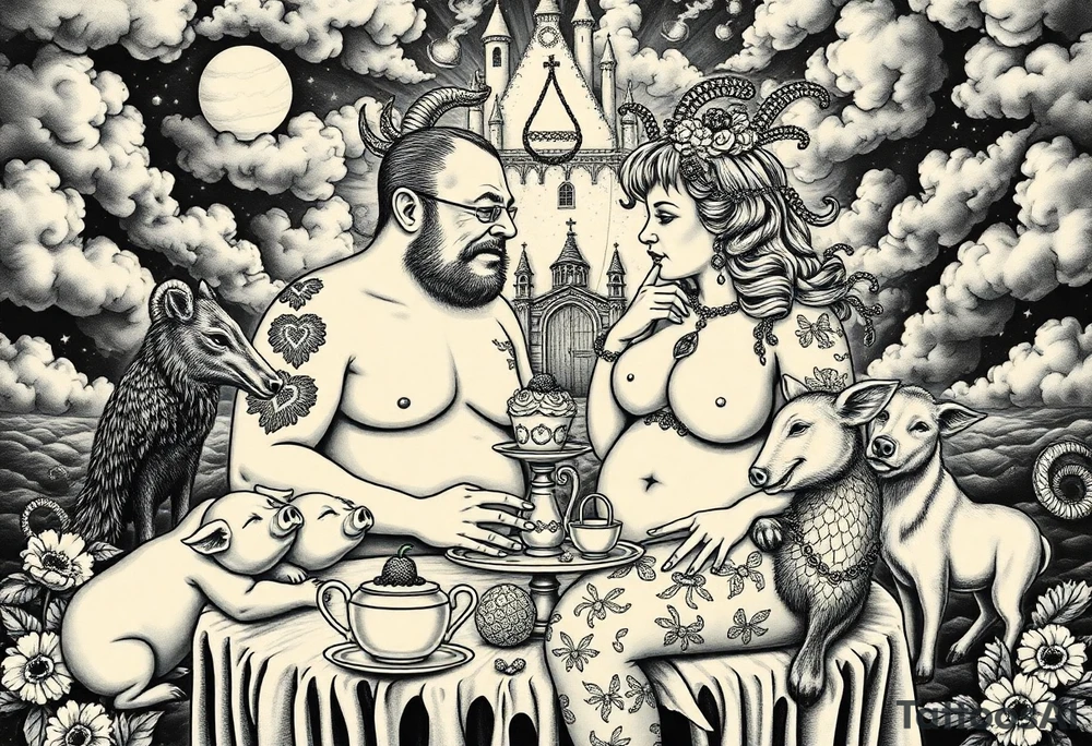 Naked Man and fat woman having sex eating cupcakes and  fruit  having sexy naked fat lady having a tea party with tea pots  swith fancy castle  
with mystical  a pigs, peacock,  lion, goat, noose and smoking cigerettes looking in the mirror thru storm clouds and broken hearts and darkness and wrath, envy , gluttony, greed, sloth, pride . Gothic tattoo idea