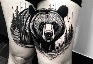 Large thigh tattoo, realism, black and white, black bear with the new river gorge in the background tattoo idea