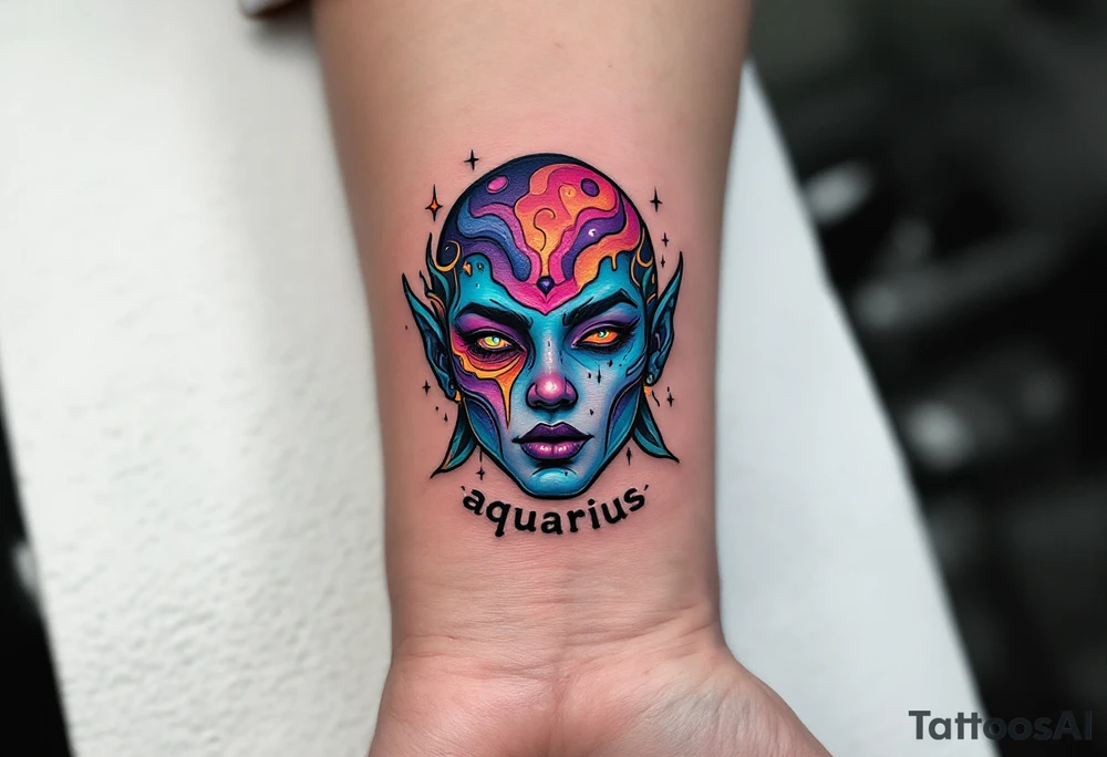 A half-human, half-aquatic being, with gills and bioluminescent skin, with word "aquarius" underneath tattoo idea