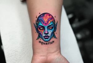 A half-human, half-aquatic being, with gills and bioluminescent skin, with word "aquarius" underneath tattoo idea