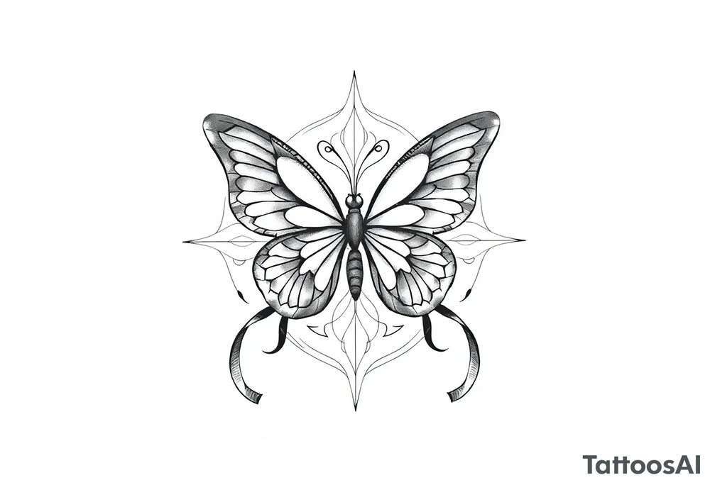 ethereal butterfly with flowing silk ribbons in geometric mandala tattoo idea