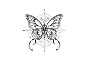 ethereal butterfly with flowing silk ribbons in geometric mandala tattoo idea