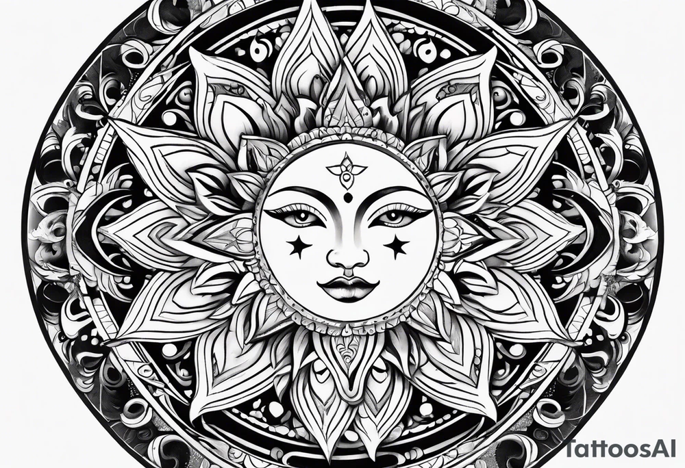 sun and moon tattoo flowing into mandala with butterflies tattoo idea
