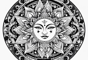 sun and moon tattoo flowing into mandala with butterflies tattoo idea