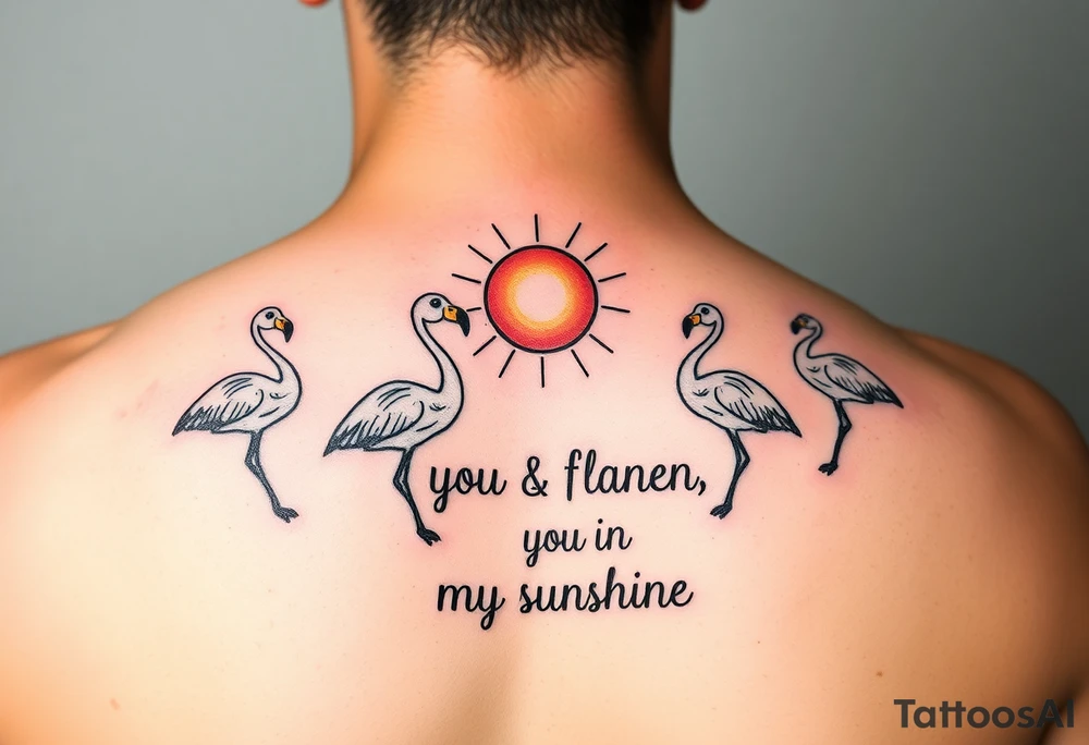 Multiple cute cartoonish Flamingos with a sun and the saying you are my sunshine with colors tattoo idea