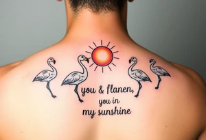 Multiple cute cartoonish Flamingos with a sun and the saying you are my sunshine with colors tattoo idea