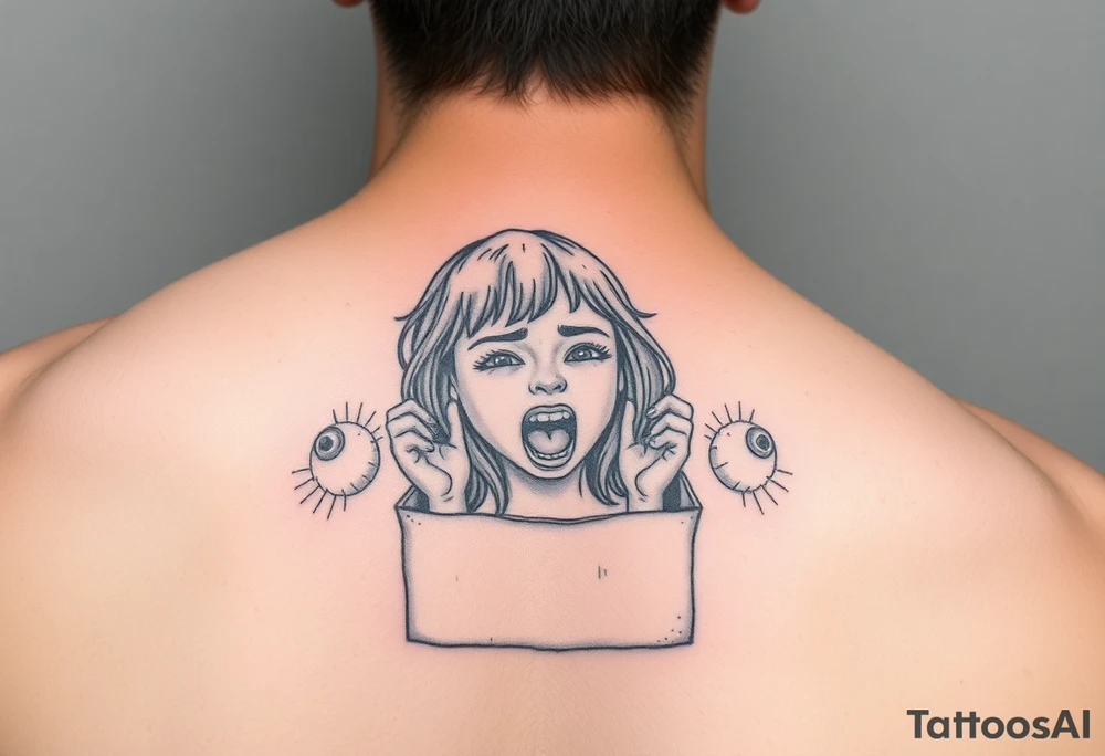 a girl trapped in a box trying to get out  almost like she’s suffocating with faces with no eyes around her screaming tattoo idea