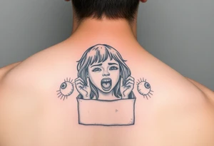 a girl trapped in a box trying to get out  almost like she’s suffocating with faces with no eyes around her screaming tattoo idea