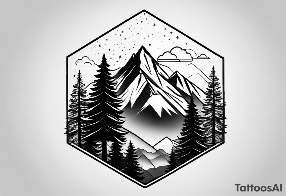 mountain with trees in hexagon tattoo idea